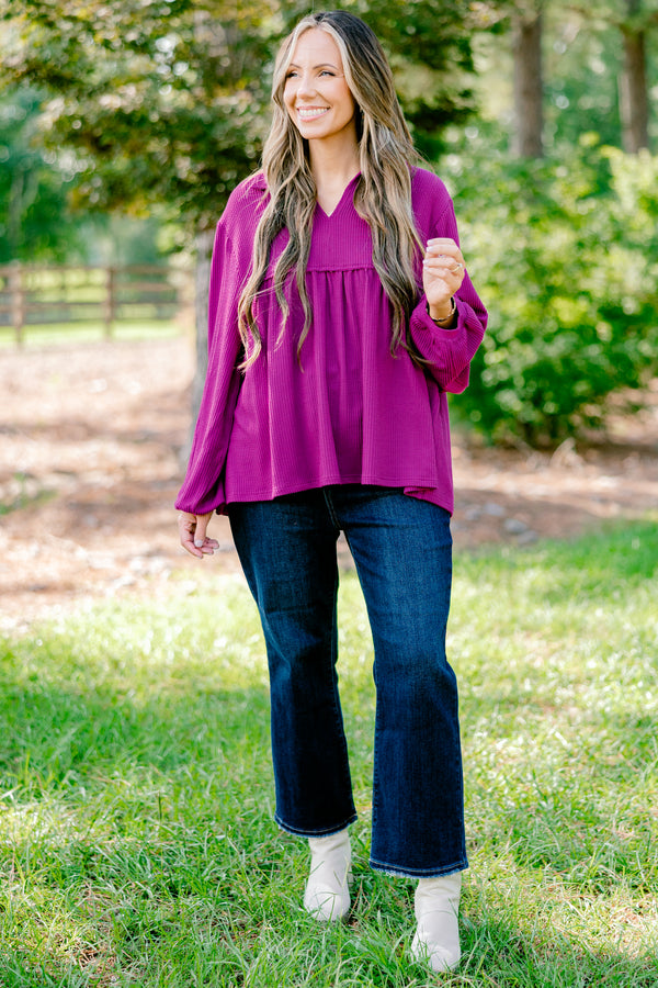 Chic Soul plus size clothing, purple long sleeve flowy top with collar