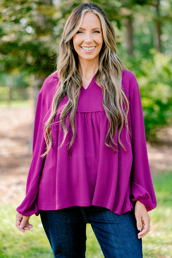 Chic Soul plus size clothing, purple long sleeve flowy top with collar