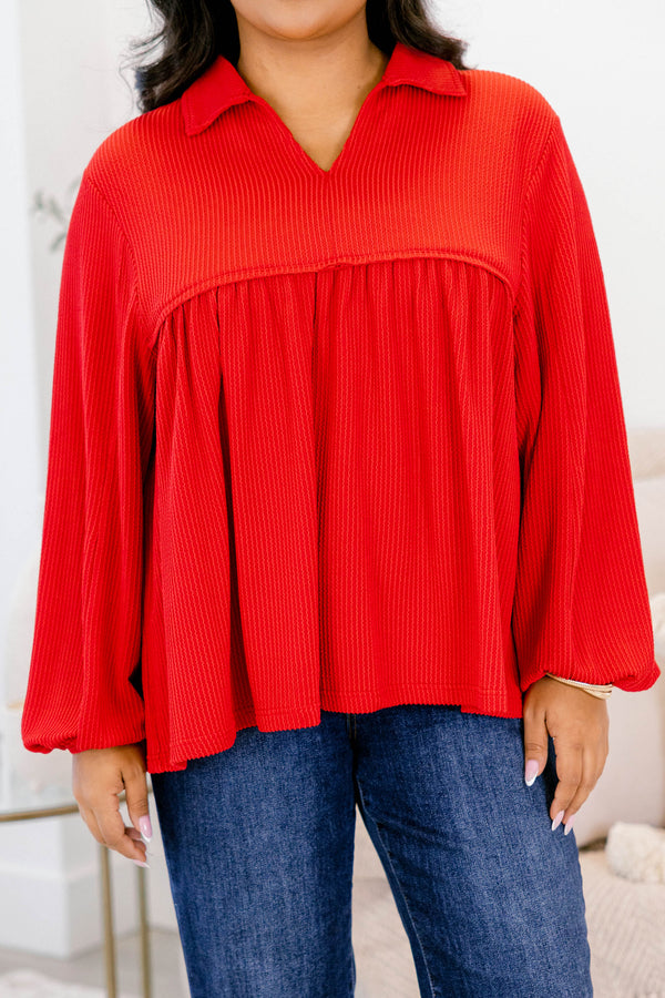 Chic Soul plus size clothing, red long sleeve baby doll top with collar