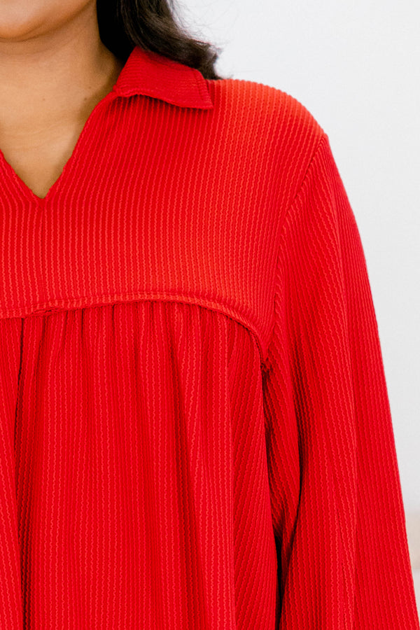 Chic Soul plus size clothing, red long sleeve baby doll top with collar