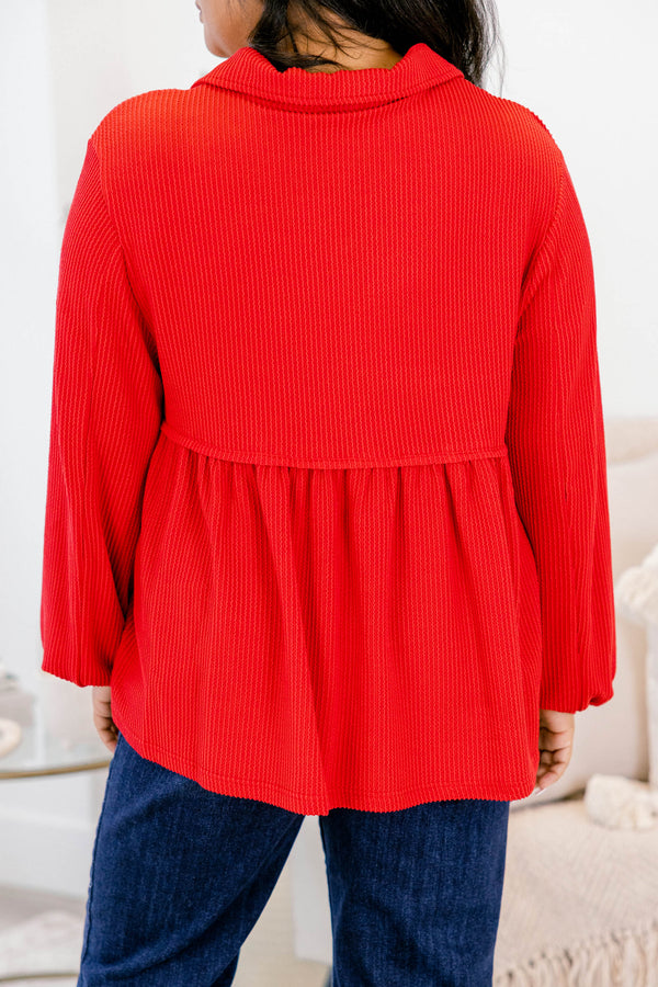 Chic Soul plus size clothing, red long sleeve baby doll top with collar
