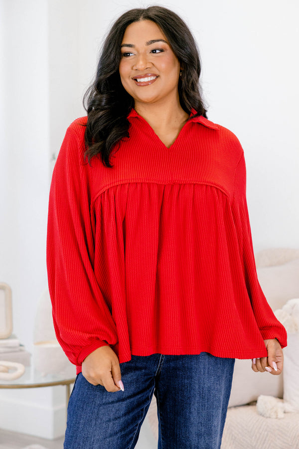 Chic Soul plus size clothing, red long sleeve baby doll top with collar