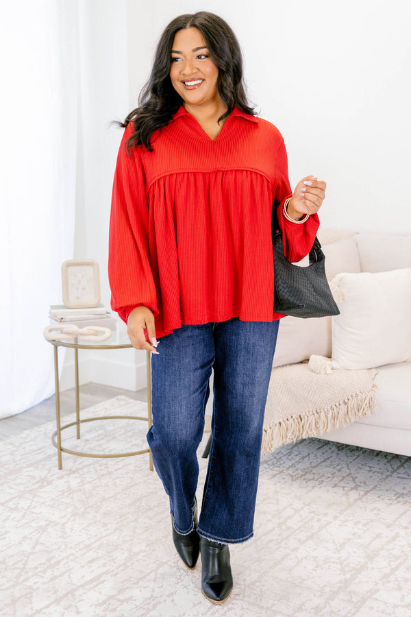 Chic Soul plus size clothing, red long sleeve baby doll top with collar