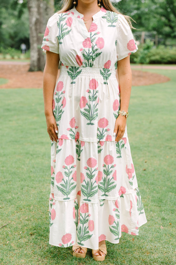 Chic Soul plus size clothing, cream short sleeve maxi dress with green/pink floral tulip print with v cutout along neckline with cinched waist