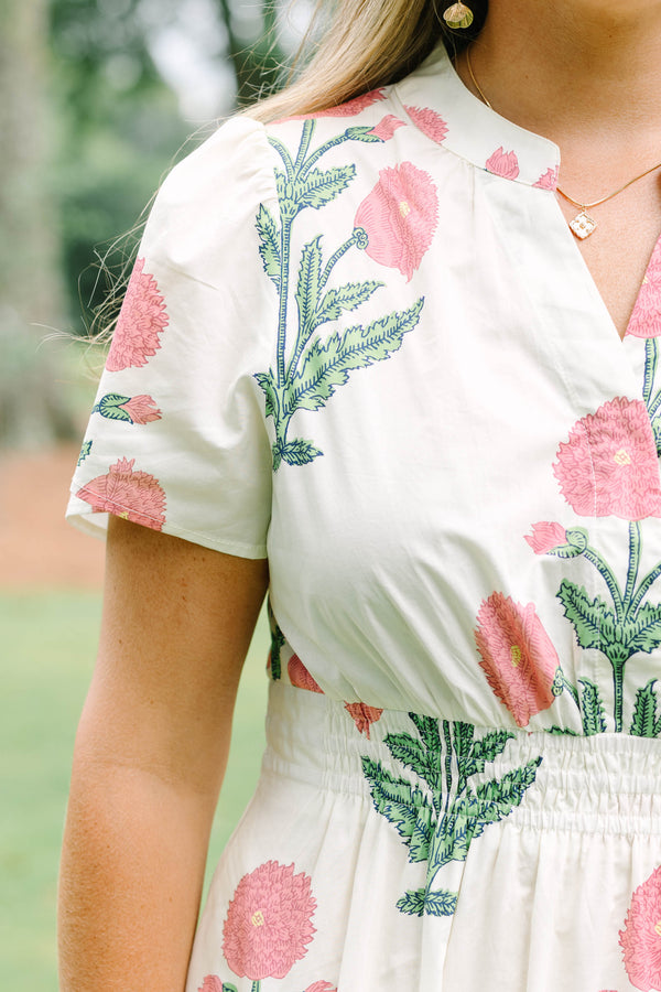Chic Soul plus size clothing, cream short sleeve maxi dress with green/pink floral tulip print with v cutout along neckline with cinched waist