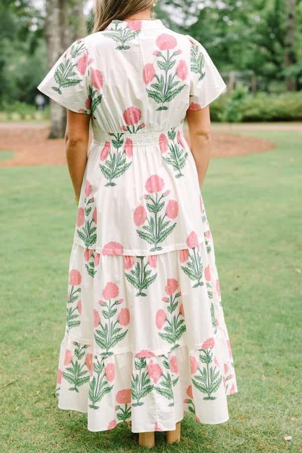 Chic Soul plus size clothing, cream short sleeve maxi dress with green/pink floral tulip print with v cutout along neckline with cinched waist