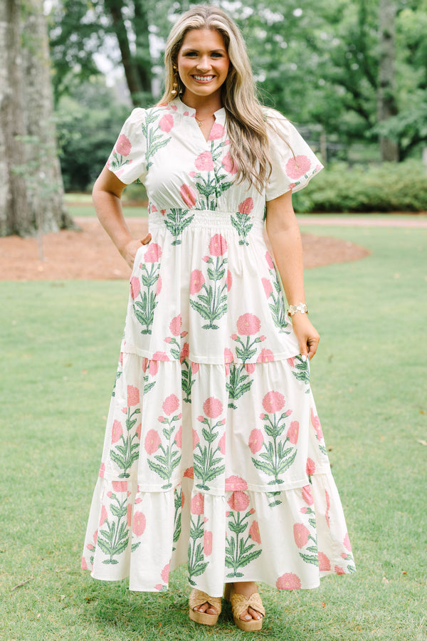 Chic Soul plus size clothing, cream short sleeve maxi dress with green/pink floral tulip print with v cutout along neckline with cinched waist