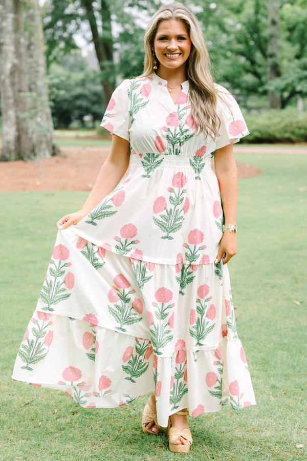 Chic Soul plus size clothing, cream short sleeve maxi dress with green/pink floral tulip print with v cutout along neckline with cinched waist