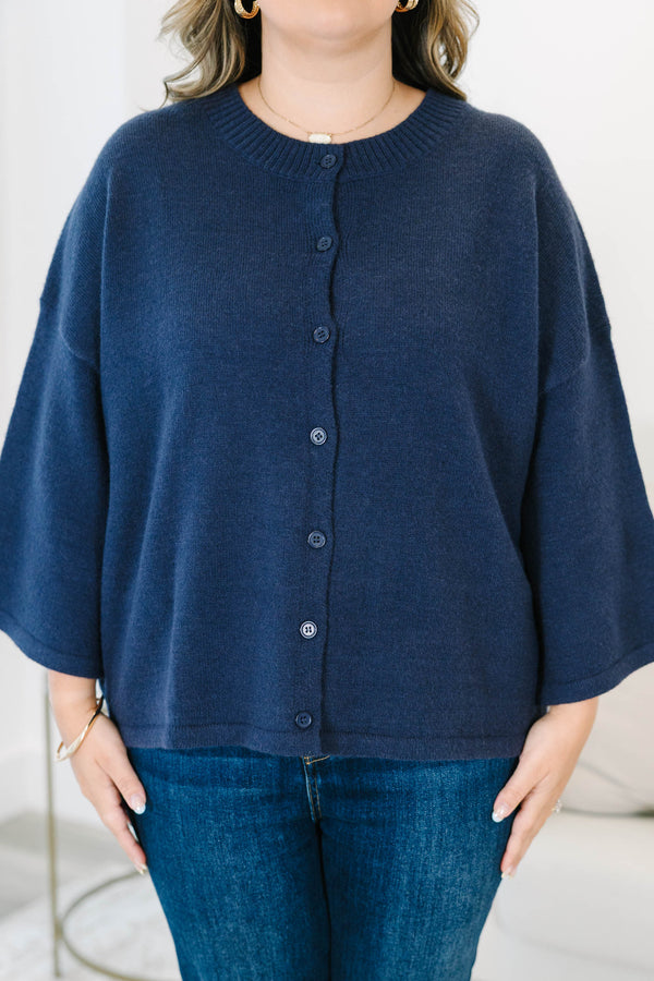 Plus Size navy blue button-down cardigan with a round neckline and wide, three-quarter sleeves.