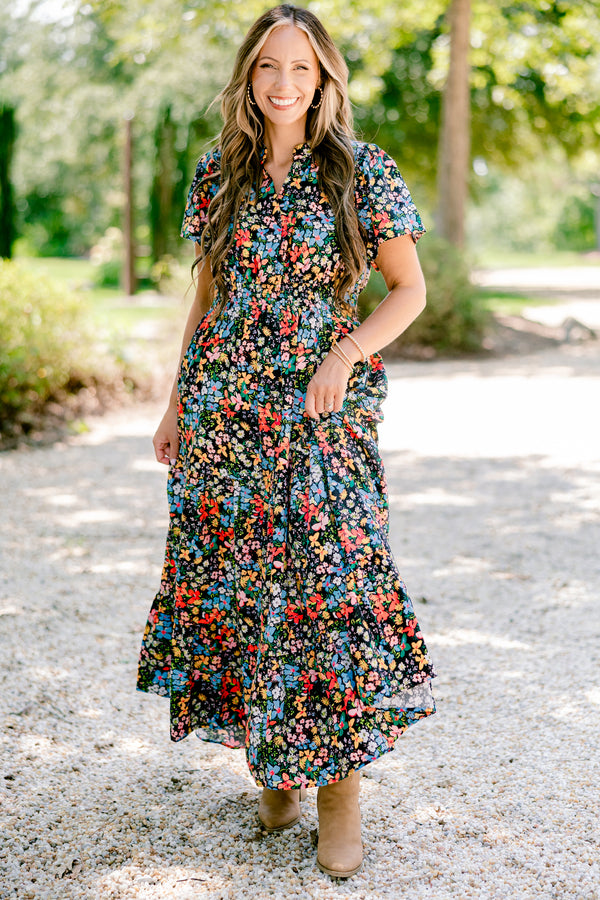 Chic Soul plus size clothing, black floral maxi dress with short sleeves and a slight v-neckline 