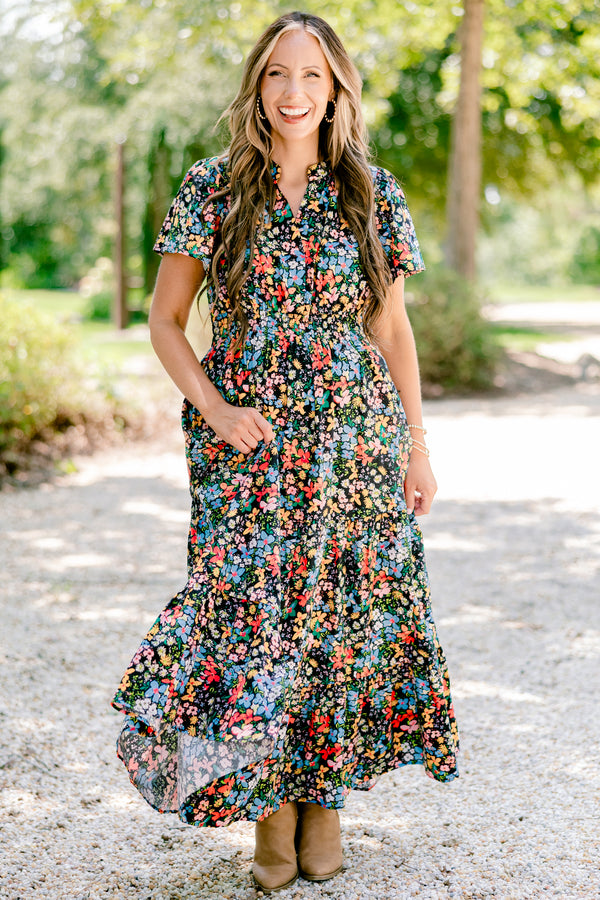 Chic Soul plus size clothing, black floral maxi dress with short sleeves and a slight v-neckline 