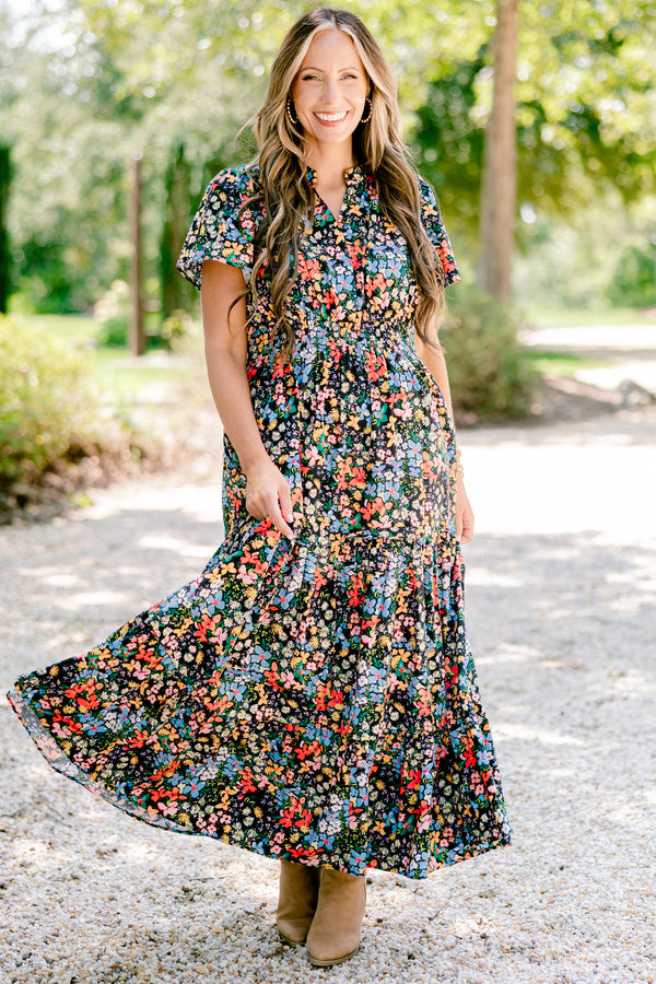 Chic Soul plus size clothing, black floral maxi dress with short sleeves and a slight v-neckline 