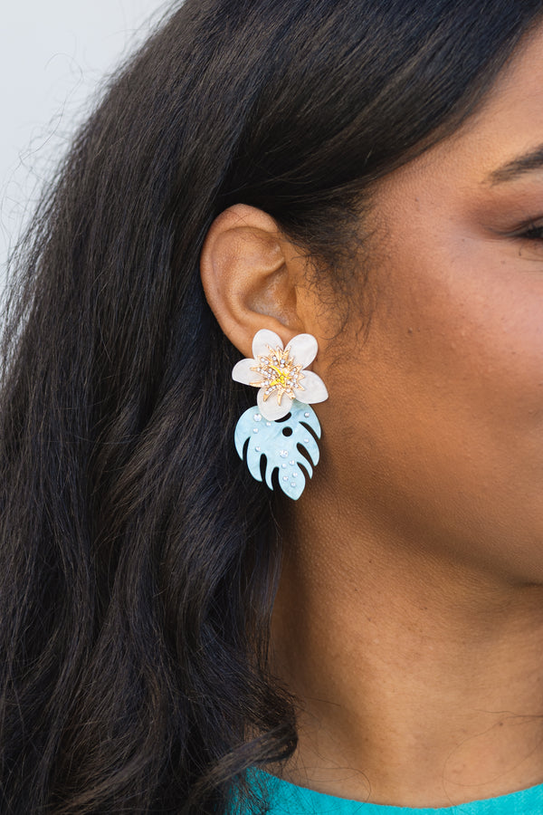 Chic Soul plus size clothing, white pearl flower earring with light blue leaf shape drop down 