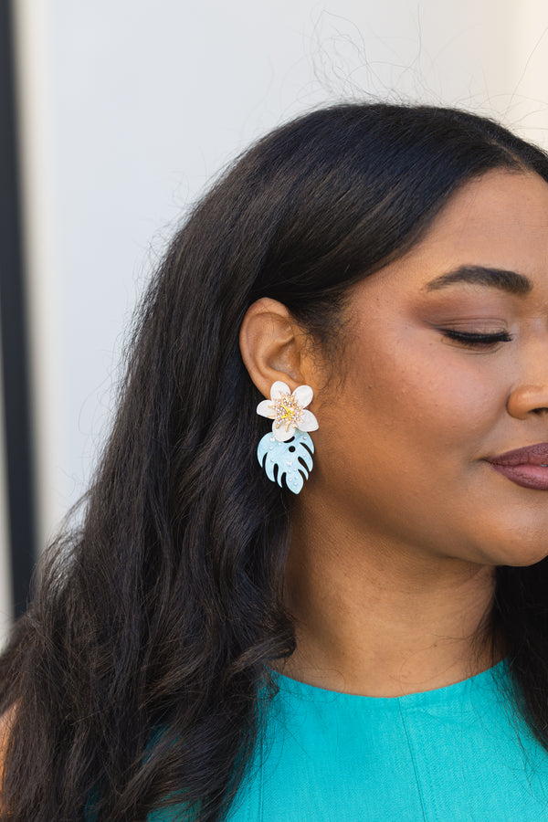 Chic Soul plus size clothing, white pearl flower earring with light blue leaf shape drop down 