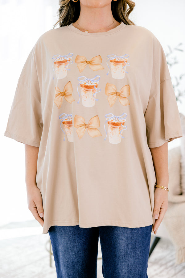Chic Soul plus size clothing, light tan boyfriend tee with iced lattes and bow graphics printed in a grid