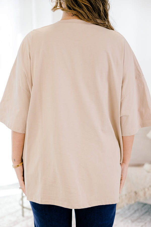 Chic Soul plus size clothing, light tan boyfriend tee with iced lattes and bow graphics printed in a grid