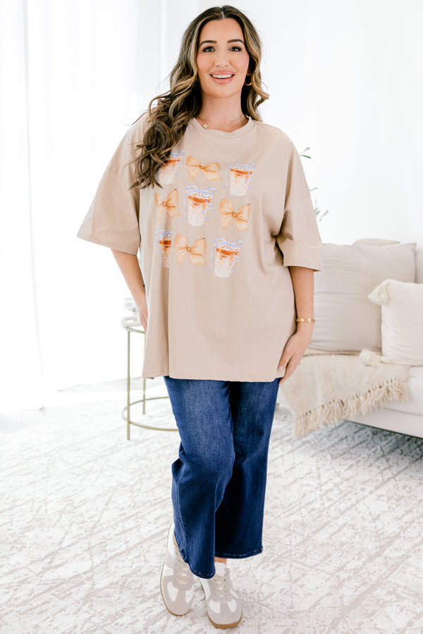 Chic Soul plus size clothing, light tan boyfriend tee with iced lattes and bow graphics printed in a grid