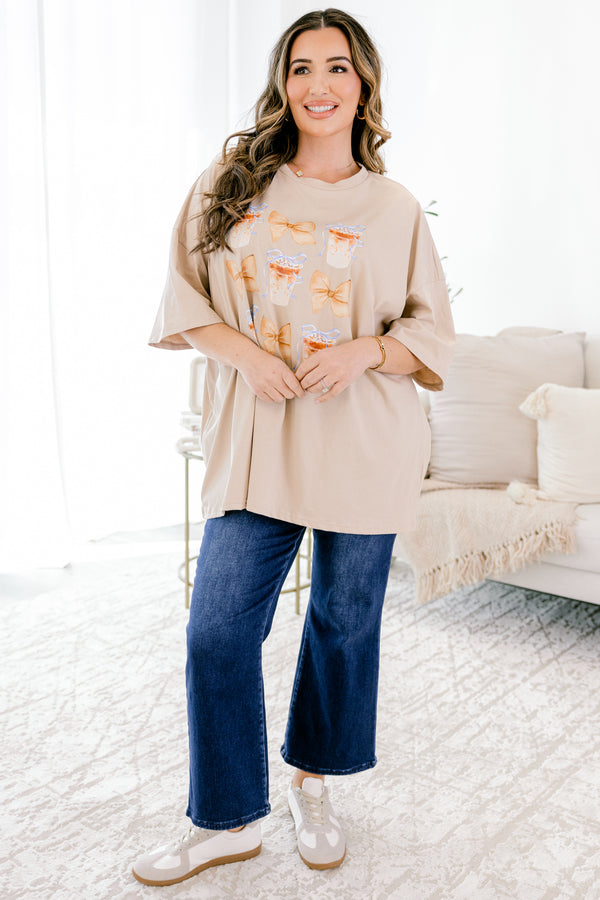 Chic Soul plus size clothing, light tan boyfriend tee with iced lattes and bow graphics printed in a grid