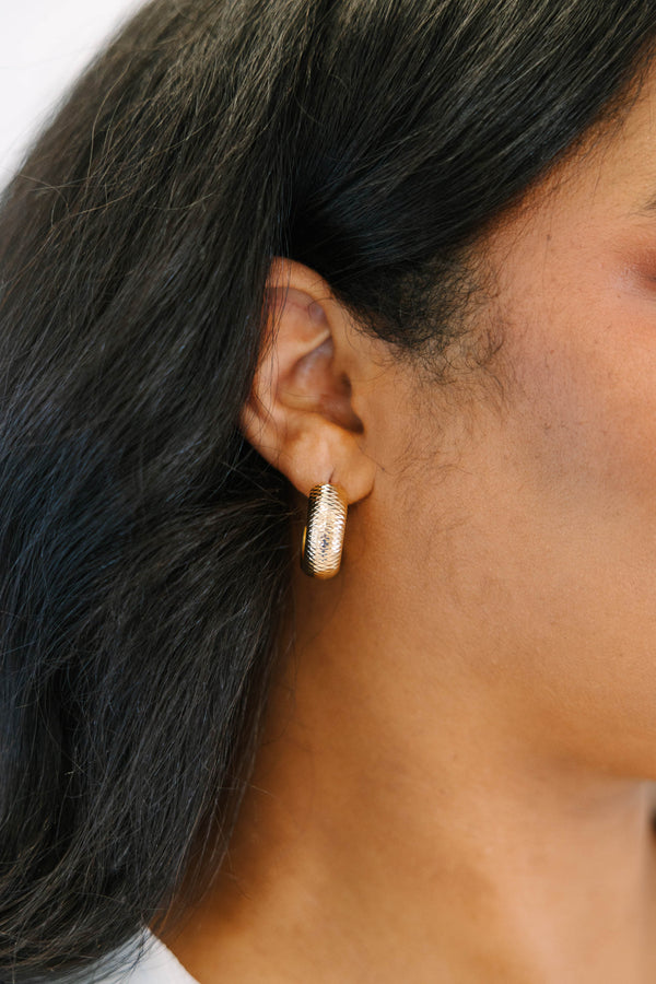 Plus Size gold hoop earrings with a textured, diamond-cut pattern and a polished finish.