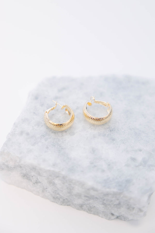 Plus Size gold hoop earrings with a textured, diamond-cut pattern and a polished finish.