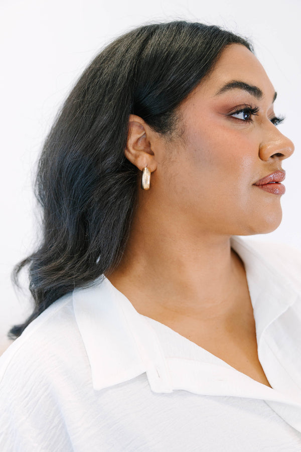 Plus Size gold hoop earrings with a textured, diamond-cut pattern and a polished finish.