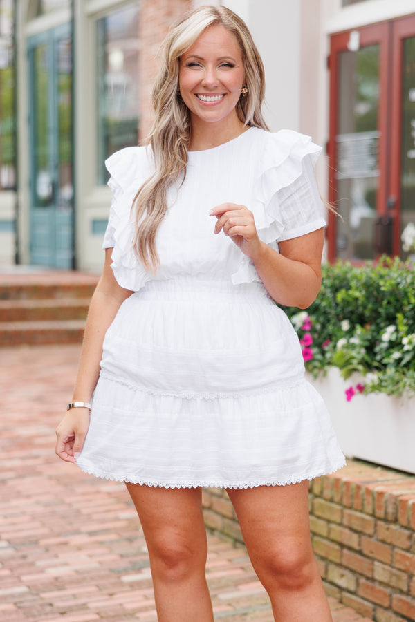 Chic Soul plus size clothing, white dress with a cinched waistline and ruffles and lace detailing