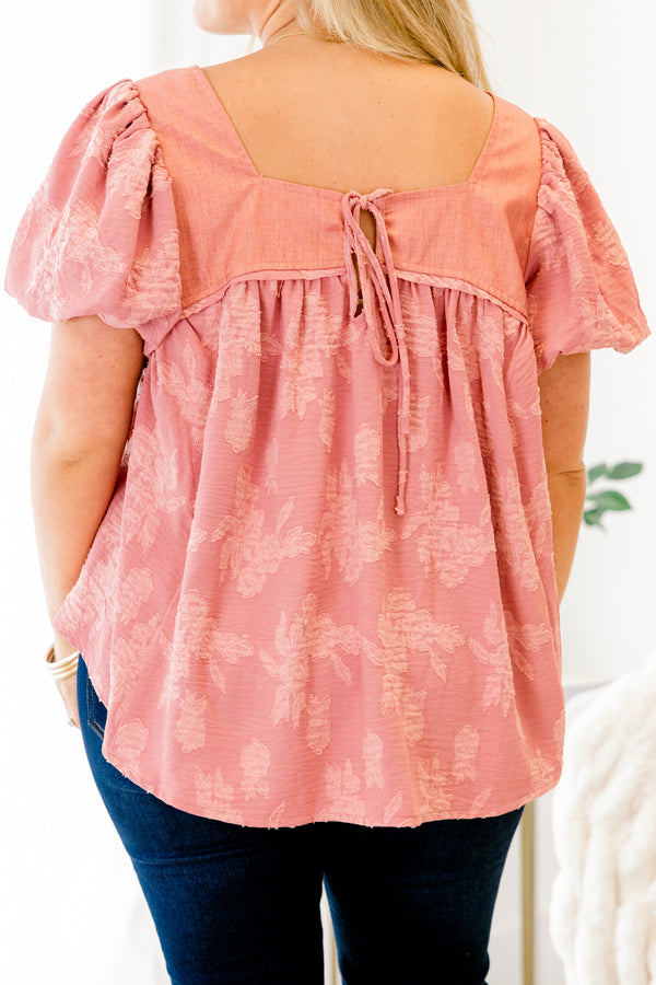 Chic Soul plus size clothing, blush mauve short-puff sleeve square neckline casual flowy top with faint lighter pink floral pattern and string tie on back
