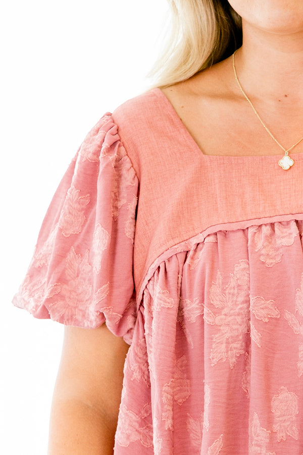 Chic Soul plus size clothing, blush mauve short-puff sleeve square neckline casual flowy top with faint lighter pink floral pattern and string tie on back