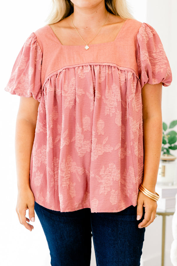 Chic Soul plus size clothing, blush mauve short-puff sleeve square neckline casual flowy top with faint lighter pink floral pattern and string tie on back
