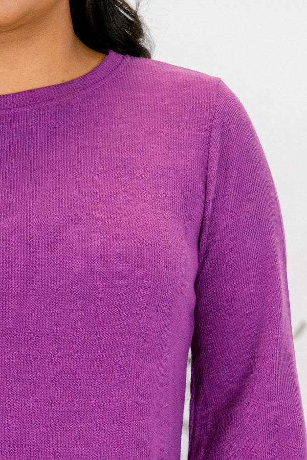 Chic Soul plus size clothing, bright purple long sleeve knee length sweater dress