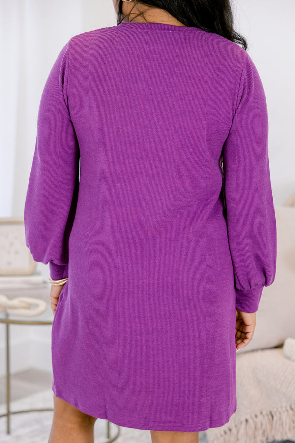 Chic Soul plus size clothing, bright purple long sleeve knee length sweater dress