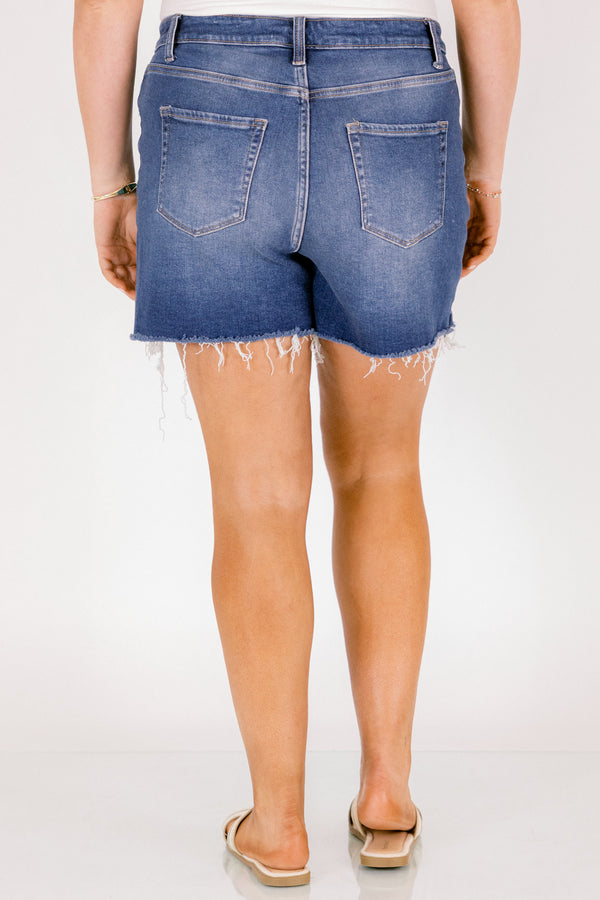 Chic soul plus size clothing, dark wash mid thigh length denim shorts with distressed hem