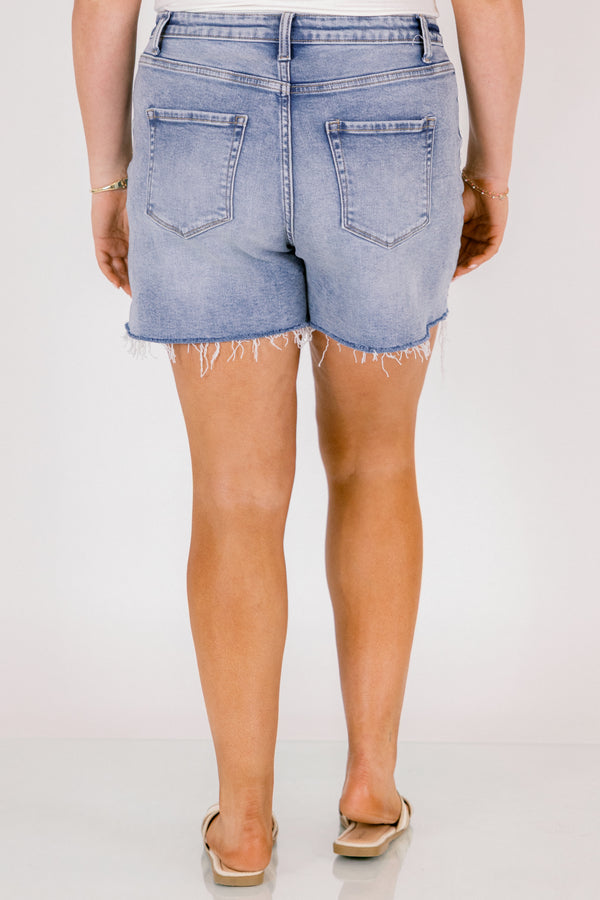 Chic Soul plus size clothing, light-medium wash mid thigh length denim shorts with distressed hem