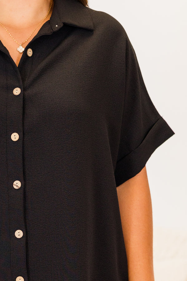 Chic Soul plus size clothing, short sleeve black button up mini dress with collar and cuff sleeves