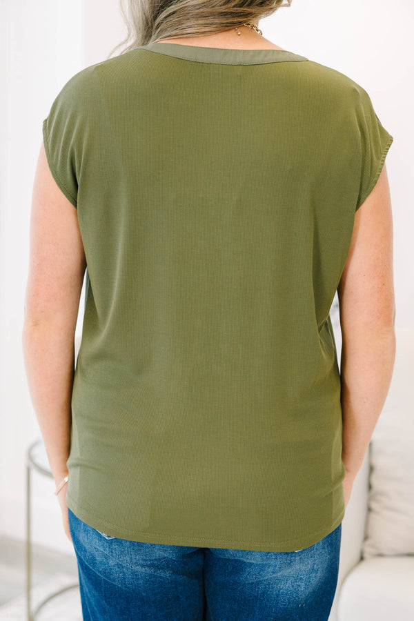 Plus Size olive cap sleeve top with a notched neckline and soft microribbed texture.