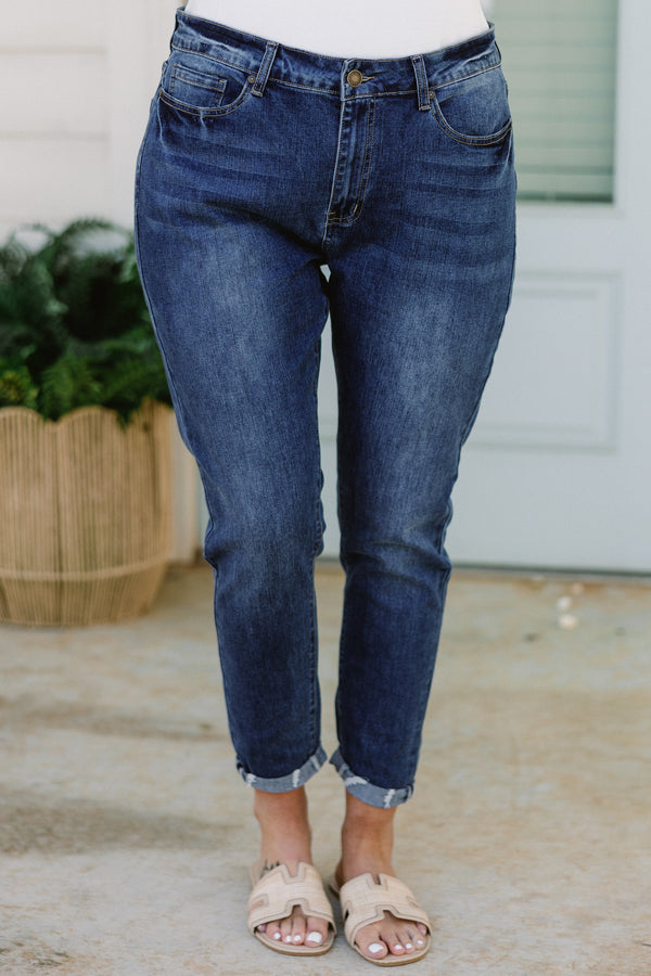Chic Soul plus size clothing, dark wash skinny jeans with rolled cuff at the bottom