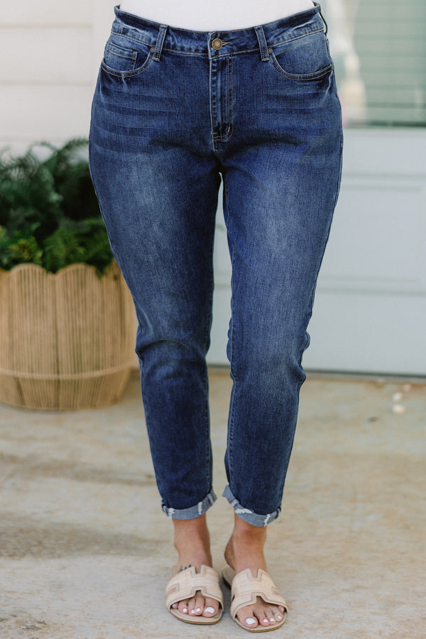 Chic Soul plus size clothing, dark wash skinny jeans with rolled cuff at the bottom
