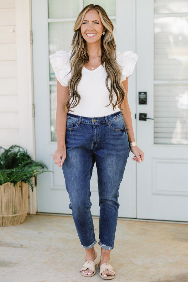 Chic Soul plus size clothing, dark wash skinny jeans with rolled cuff at the bottom