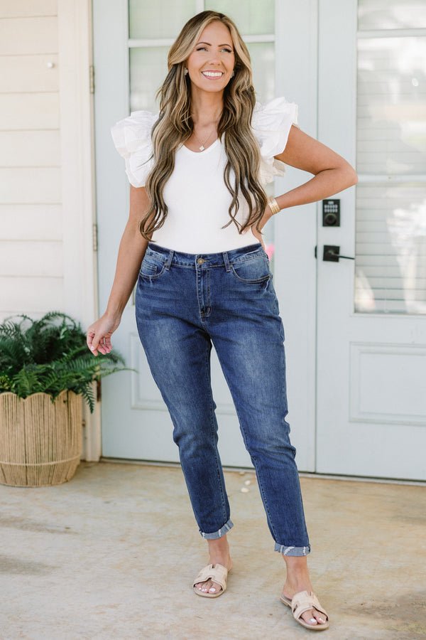 Chic Soul plus size clothing, dark wash skinny jeans with rolled cuff at the bottom