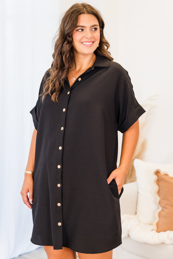 Chic Soul plus size clothing, short sleeve black button up mini dress with collar and cuff sleeves