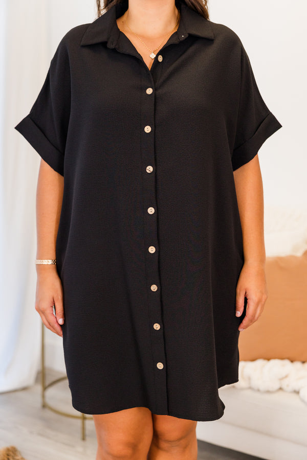 Chic Soul plus size clothing, short sleeve black button up mini dress with collar and cuff sleeves