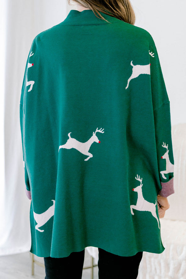 Chic Soul plus size clothing, green long sleeve knit sweater with mock neck detail with slits on each side with white reindeer design