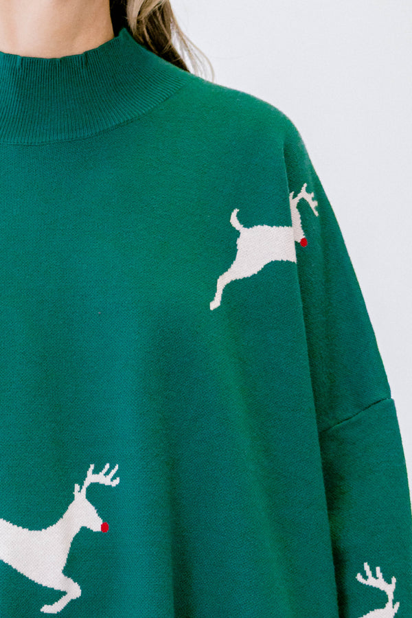 Chic Soul plus size clothing, green long sleeve knit sweater with mock neck detail with slits on each side with white reindeer design