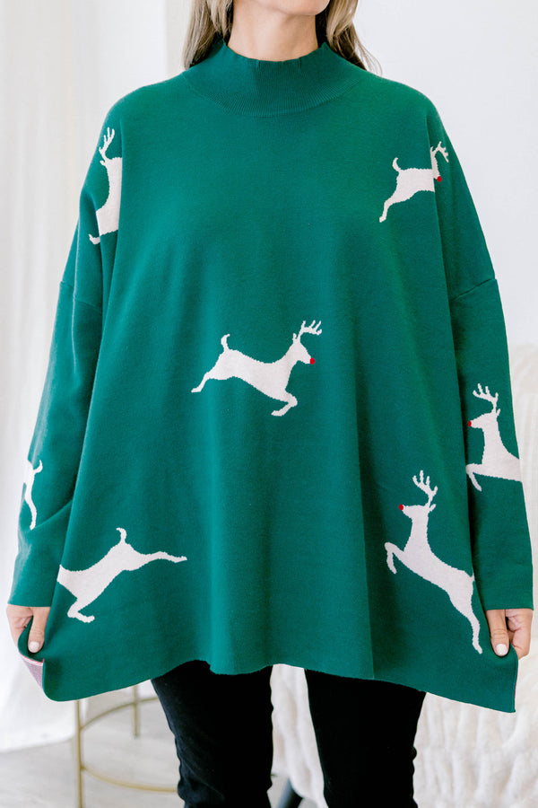 Chic Soul plus size clothing, green long sleeve knit sweater with mock neck detail with slits on each side with white reindeer design