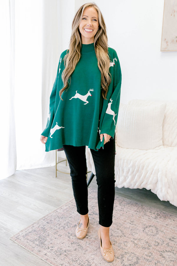 Chic Soul plus size clothing, green long sleeve knit sweater with mock neck detail with slits on each side with white reindeer design