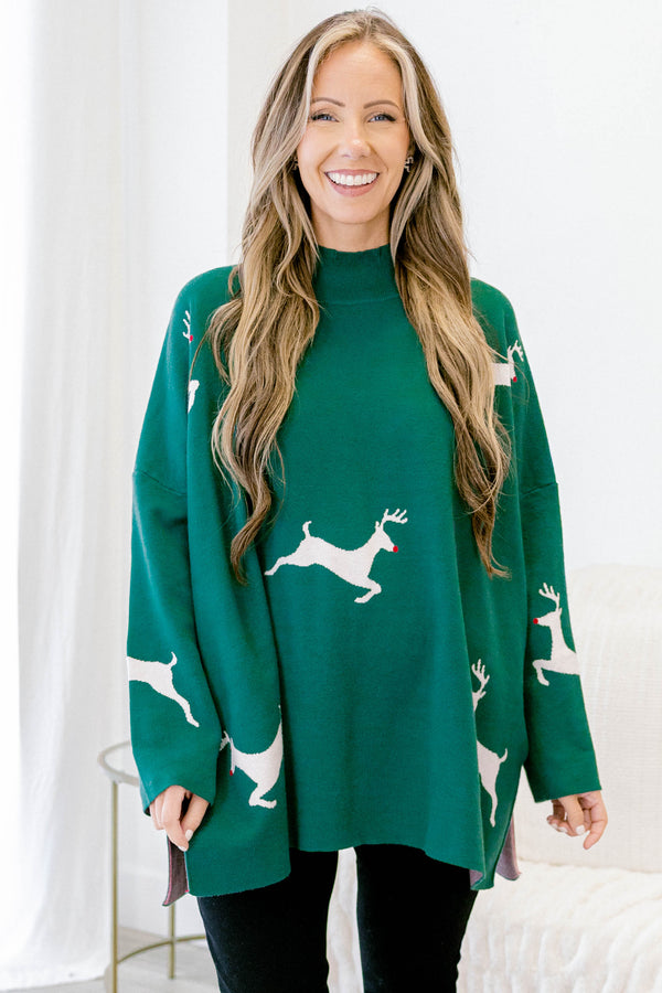 Chic Soul plus size clothing, green long sleeve knit sweater with mock neck detail with slits on each side with white reindeer design