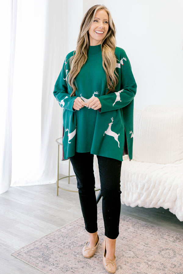 Chic Soul plus size clothing, green long sleeve knit sweater with mock neck detail with slits on each side with white reindeer design