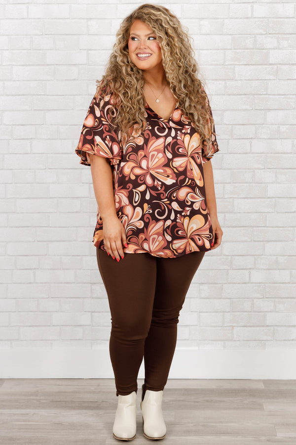 Chic Soul plus size clothing, chocolate floral swirl pattern top with v neckline