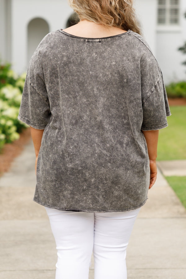 Chic Soul plus size clothing, ash black acid wash short sleeves top with a front pocket
