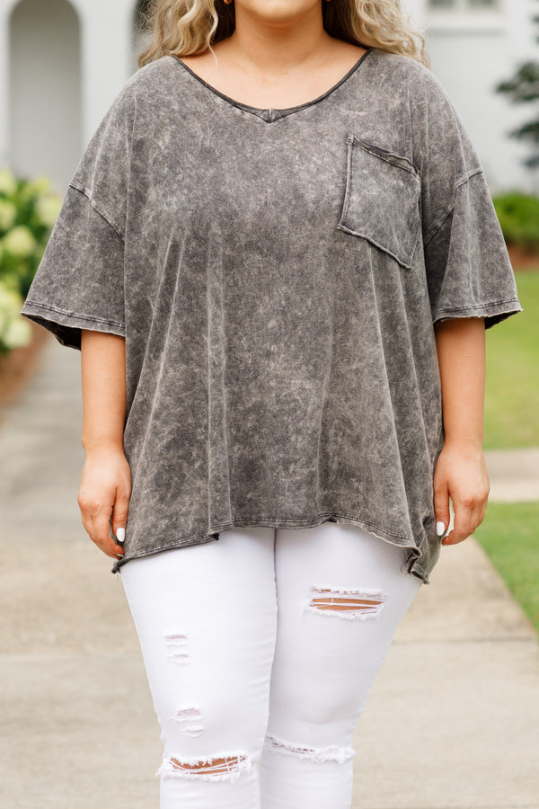 Chic Soul plus size clothing, ash black acid wash short sleeves top with a front pocket